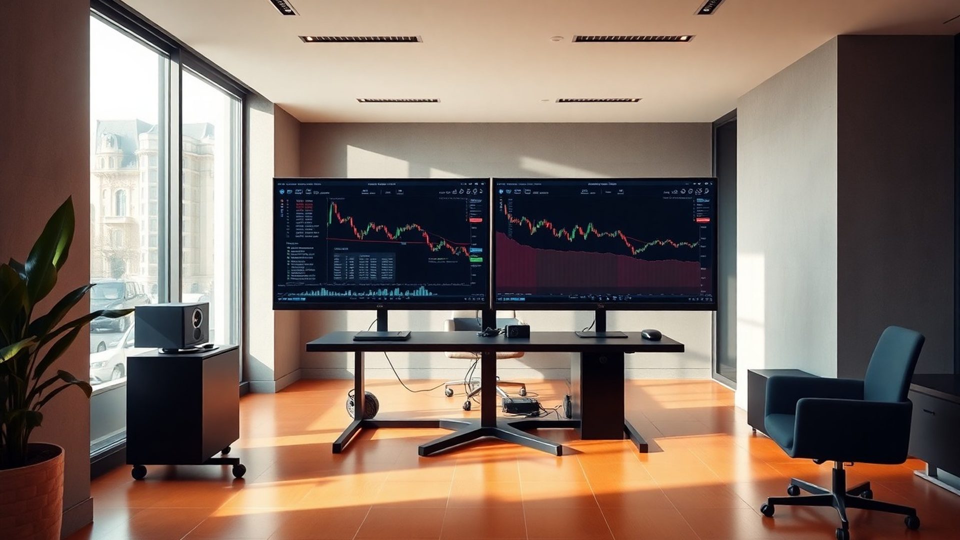 Estación de trabajo de trading con dos monitores en oficina moderna de Madrid